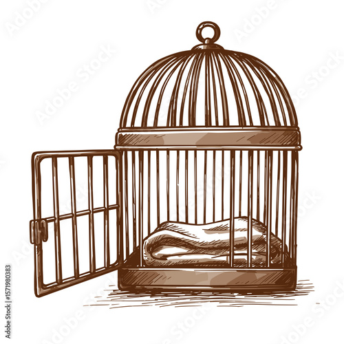 Cage with open door and blanket in hand-drawn style and brown tones  