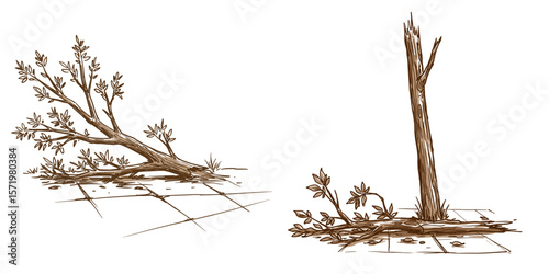 Broken tree branch and stump on sidewalk in brown illustration  
