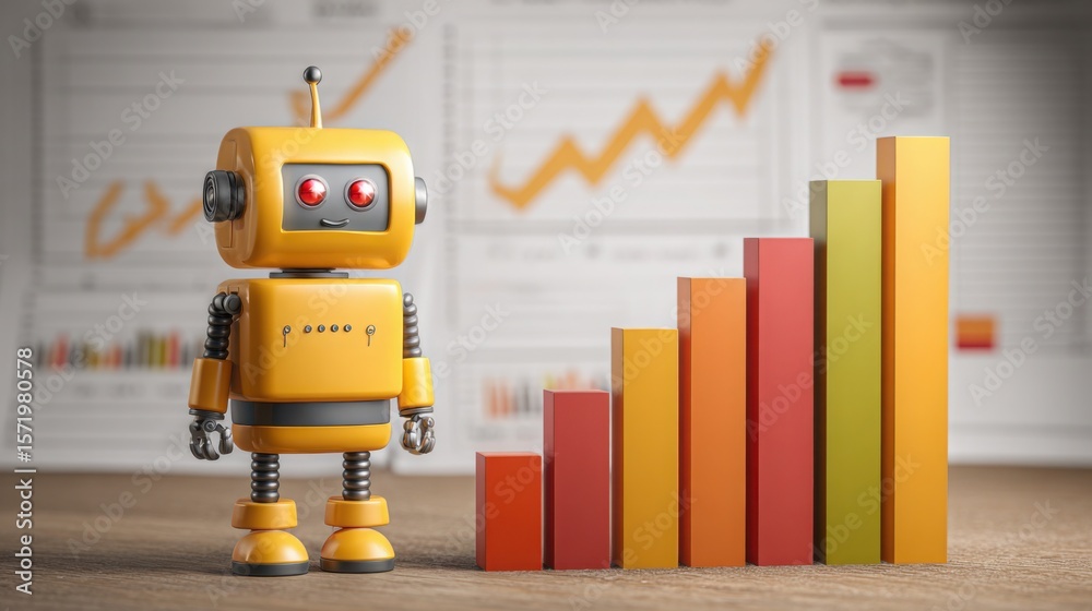 Fototapeta premium Robot standing next to a bar chart depicting analysis and growth in the high-tech world of alpha financial trends