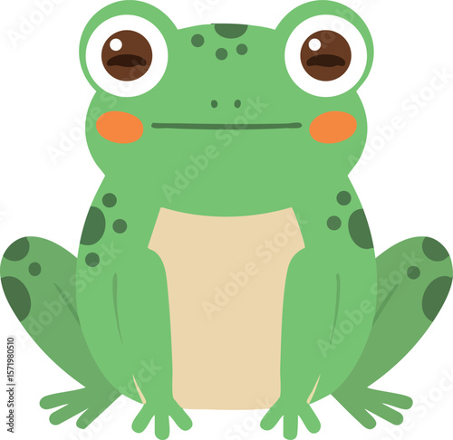 Cute green frog with big eyes and rosy cheeks sitting illustration vector