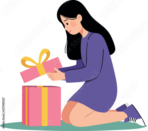 Woman opening gift box with yellow ribbon purple dress kneeling vector illustration