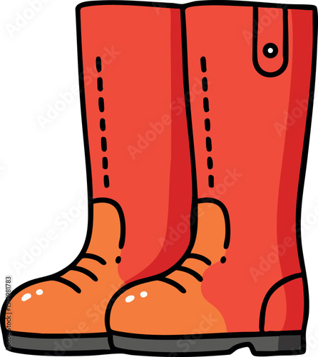 Red Rubber Boots Footwear Illustration with Orange Soles Vector Design
