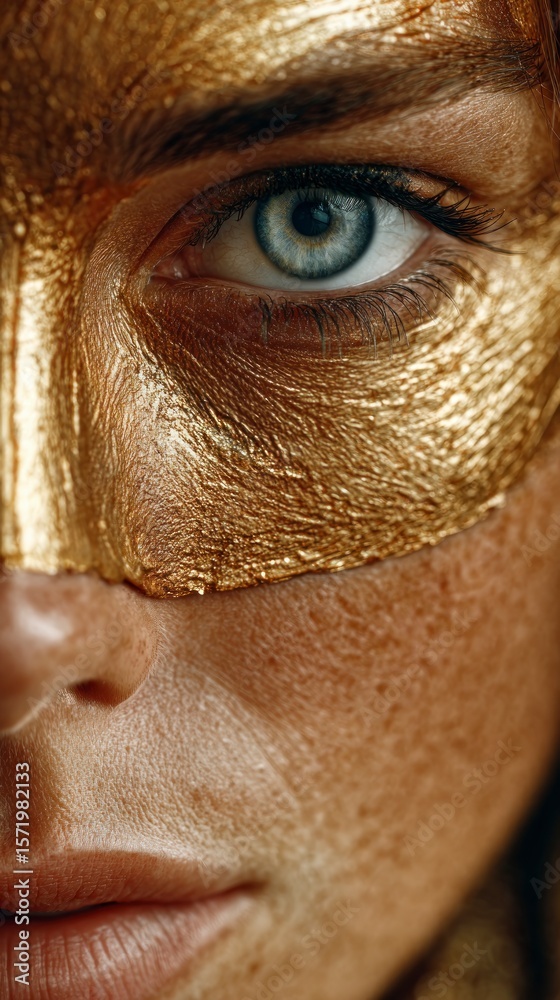 Fototapeta premium Close up of a woman's eye and cheek partially covered with shimmering gold leaf