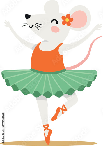 Mouse ballerina wearing green tutu and orange leotard dancing gracefully vector illustration