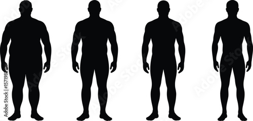 Four male silhouettes showing a progression from overweight to fit and muscular