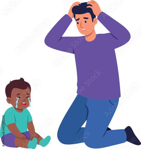 Father comforting crying toddler child in purple and blue clothes vector illustration