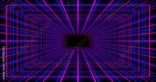 Fototapeta Naklejka Na Ścianę i Meble -  Futuristic glowing neon wireframe background. Shining grid dots in perspective. Bright retro digital vanishing point. 3D rendering.