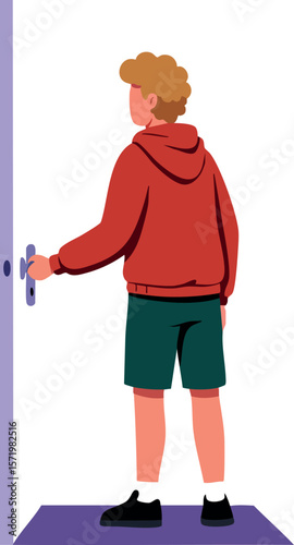 Boy Opening Door Wearing Red Hoodie and Green Shorts Vector Illustration