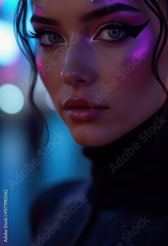 Person gazing with colorful makeup illuminated