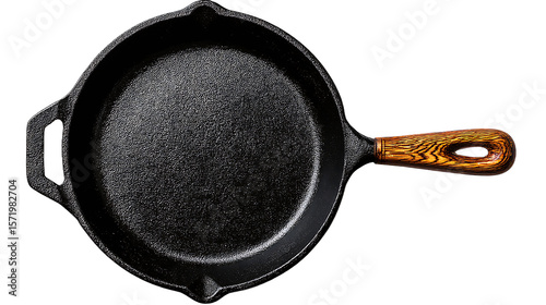 Cast Iron Skillet With Wooden Handle On Dark Background