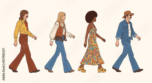70s Retro People Walking Vintage Style.