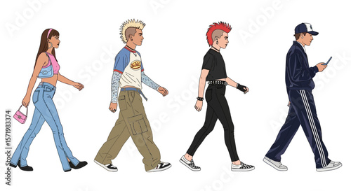 Diverse People Walking with Fashion, and Isolated.