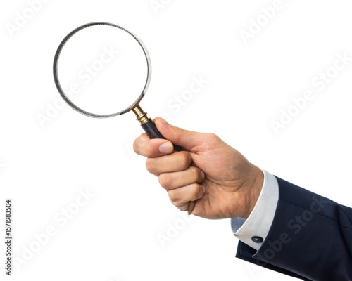 hand holding magnifying glass on transparent background