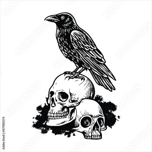 Raven perched atop two skulls creates a gothic and ominous image, ideal for halloween designs and dark art projects with a vintage, supernatural theme