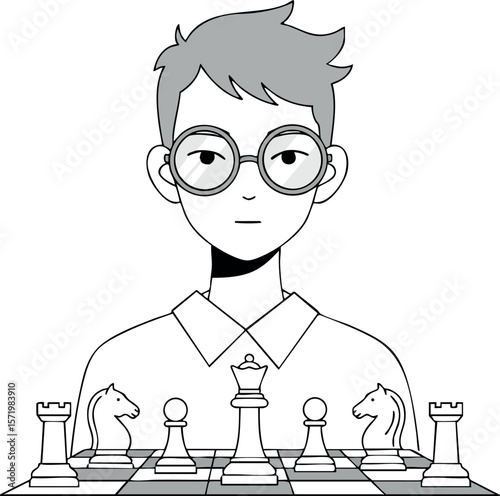 Boy playing chess with serious expression and large glasses vector illustration
