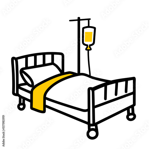 Hospital bed with IV drip and yellow blanket for medical care  