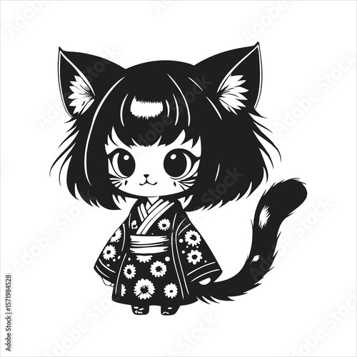 Cute animestyle cat girl in a kimono is illustrated in black and white, exuding charm and sweetness with her adorable features and playful design