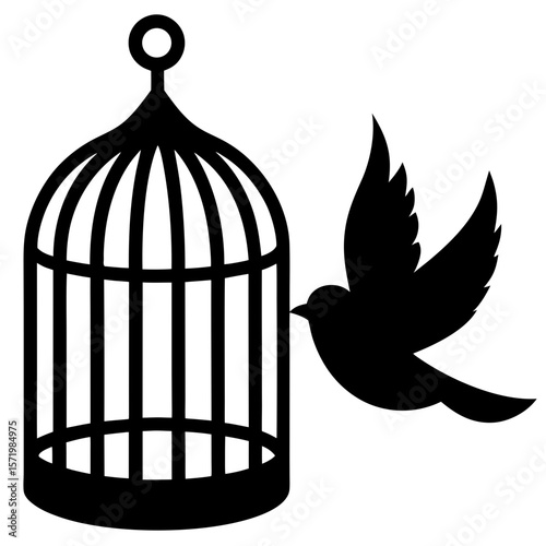 Elegant Black Silhouette Bird Escaping Ornate Cage Freedom Concept Graphic Design