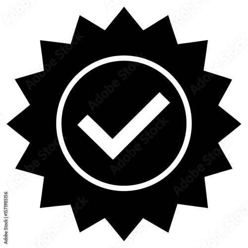 Black and white checkmark badge icon approved quality guarantee symbol