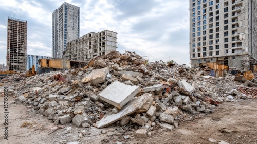 Construction site with debris and unfinished buildings under cloudy sky in urban area