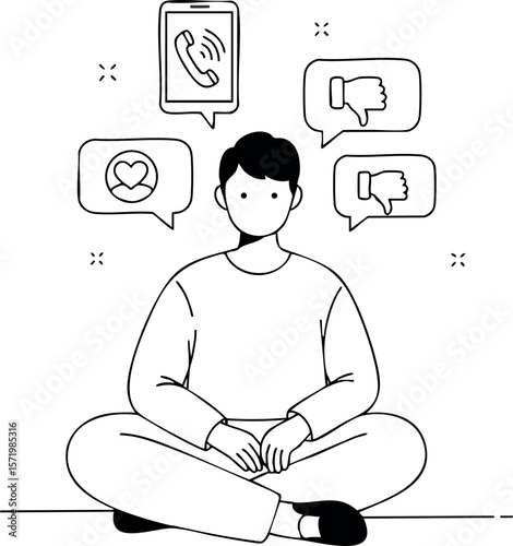 Young person sitting cross-legged with social media feedback icons vector illustration