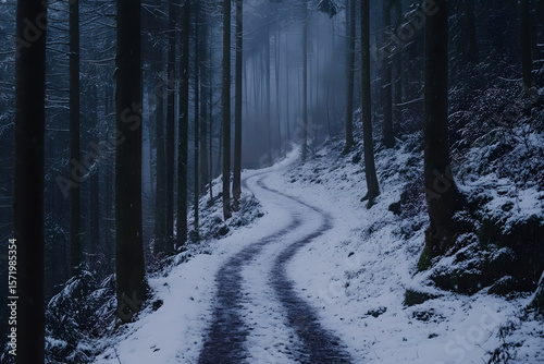Fototapeta Naklejka Na Ścianę i Meble -  a snowy path in a forest with a dark sky