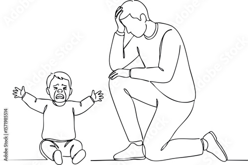 Father comforting crying baby son in line art vector illustration