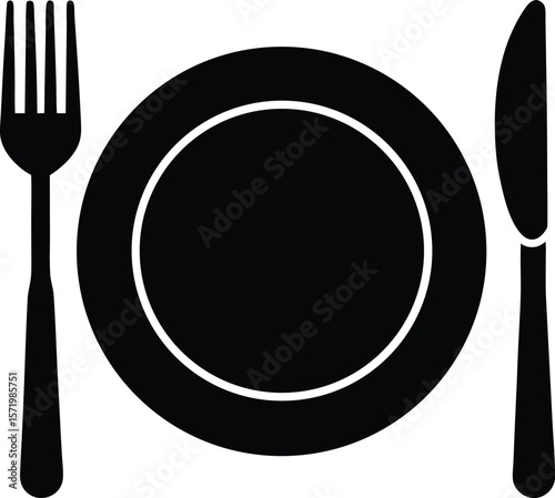 Dinner plate with fork and knife vector silhouette