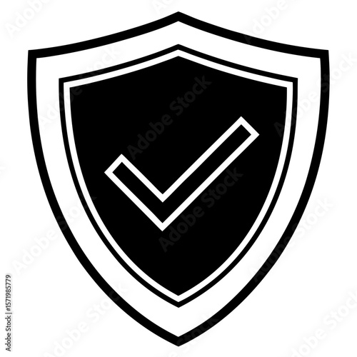 Black and white shield icon approved security checkmark symbol strong protection guaranteed safe secure reliable digital asset