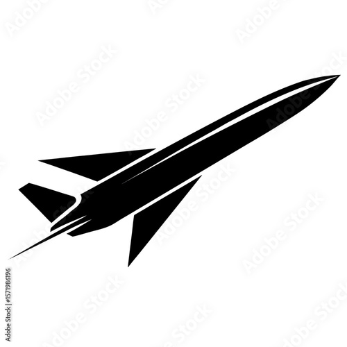 Black and white stylized rocket launching upward dynamic speed power flight icon