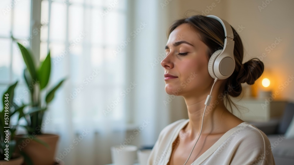 Naklejka premium Meditation for new mothers concept. Woman enjoying music with headphones in a cozy, well-lit room surrounded by plants.