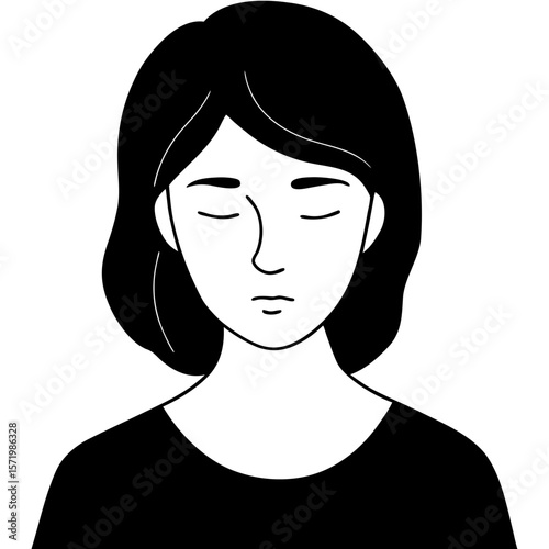 Serene young woman minimalist black and white portrait peaceful calm expression simple graphic design