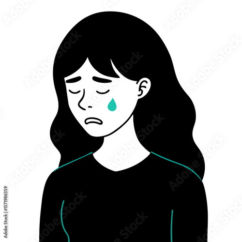 Sad young woman minimalist line art illustration single tear sorrow grief depression mental health concept