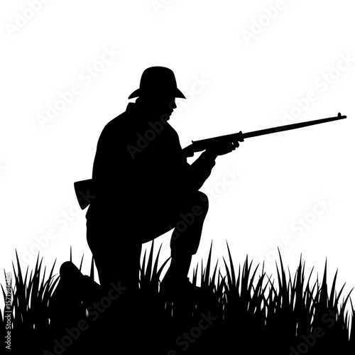 Hunter Silhouette Kneeling in Grass Aiming Rifle Dramatic Black and White Stock Image