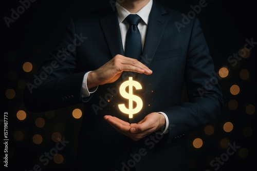 Man protecting glowing golden dollar symbol with hands suit