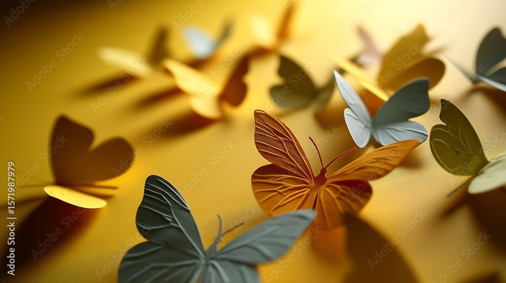 Fototapeta premium Colorful Paper Butterflies on Yellow Background - Handmade Cutout Art Floating in Harmony - Whimsical Craft Decoration & Wall Art , illustration