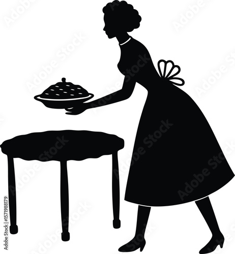 Woman placing pie on table vector silhouette