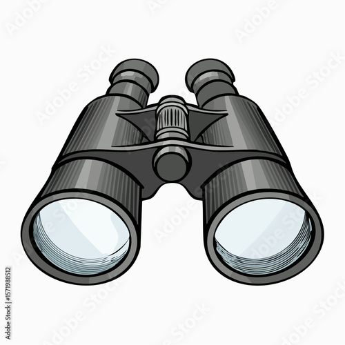 A detailed illustration of a pair of black binoculars, showing the lenses and body.