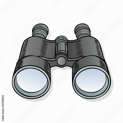 A black and gray illustration of a pair of binoculars.