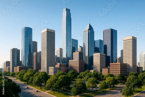 Tall glass skyscrapers and brown brick buildings under a clear blue sky with green trees and a road