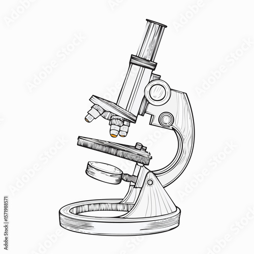 Detailed sketch of a laboratory microscope, used for scientific observation and research.