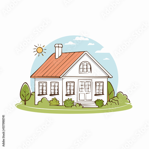Hand-drawn illustration of a cozy white house with an orange roof, surrounded by greenery under a sunny sky.