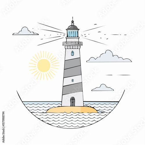 A simple line drawing of a lighthouse on a small island, with a sun and clouds, in a circular frame.