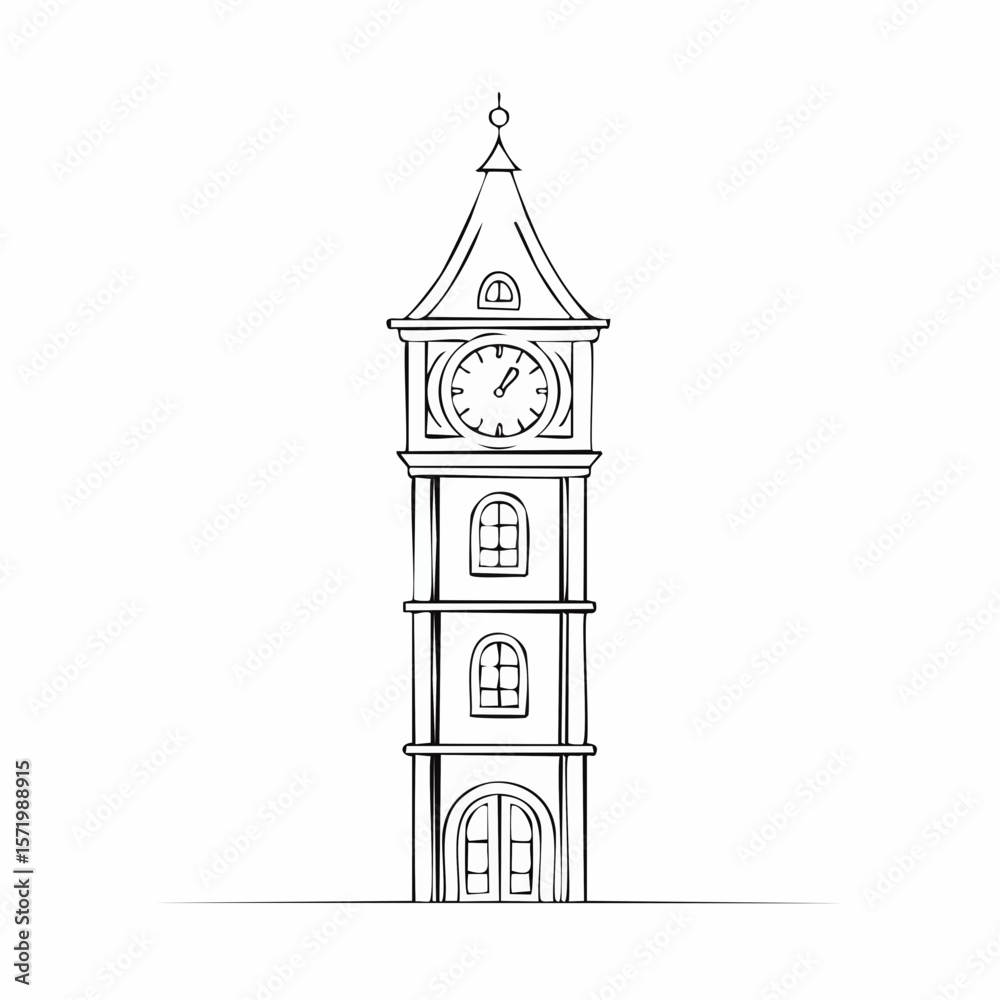 Naklejka premium Simple line drawing of a tall clock tower with a detailed clock face.