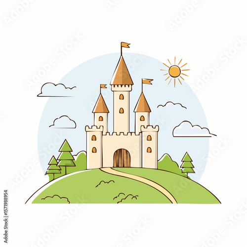 A whimsical illustration of a castle atop a green hill with a sunny sky.