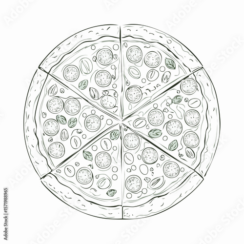 Hand-drawn illustration of a sliced pizza with various toppings.