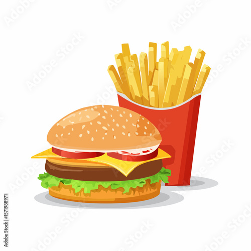 Juicy cheeseburger and a portion of golden french fries in a red container.