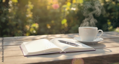Morning Coffee and Journal on Wooden Table in Garden