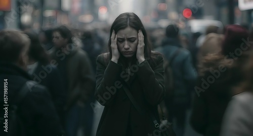 Anxious Woman Standing Alone in a Crowded City Street