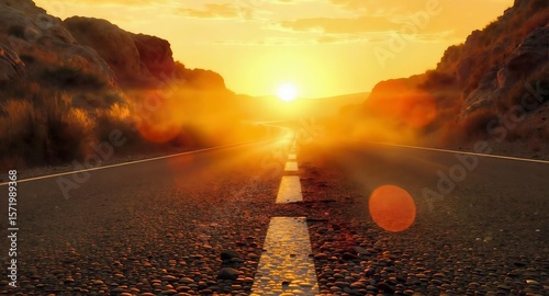 Scenic Desert Road at Sunset with Glowing Horizon